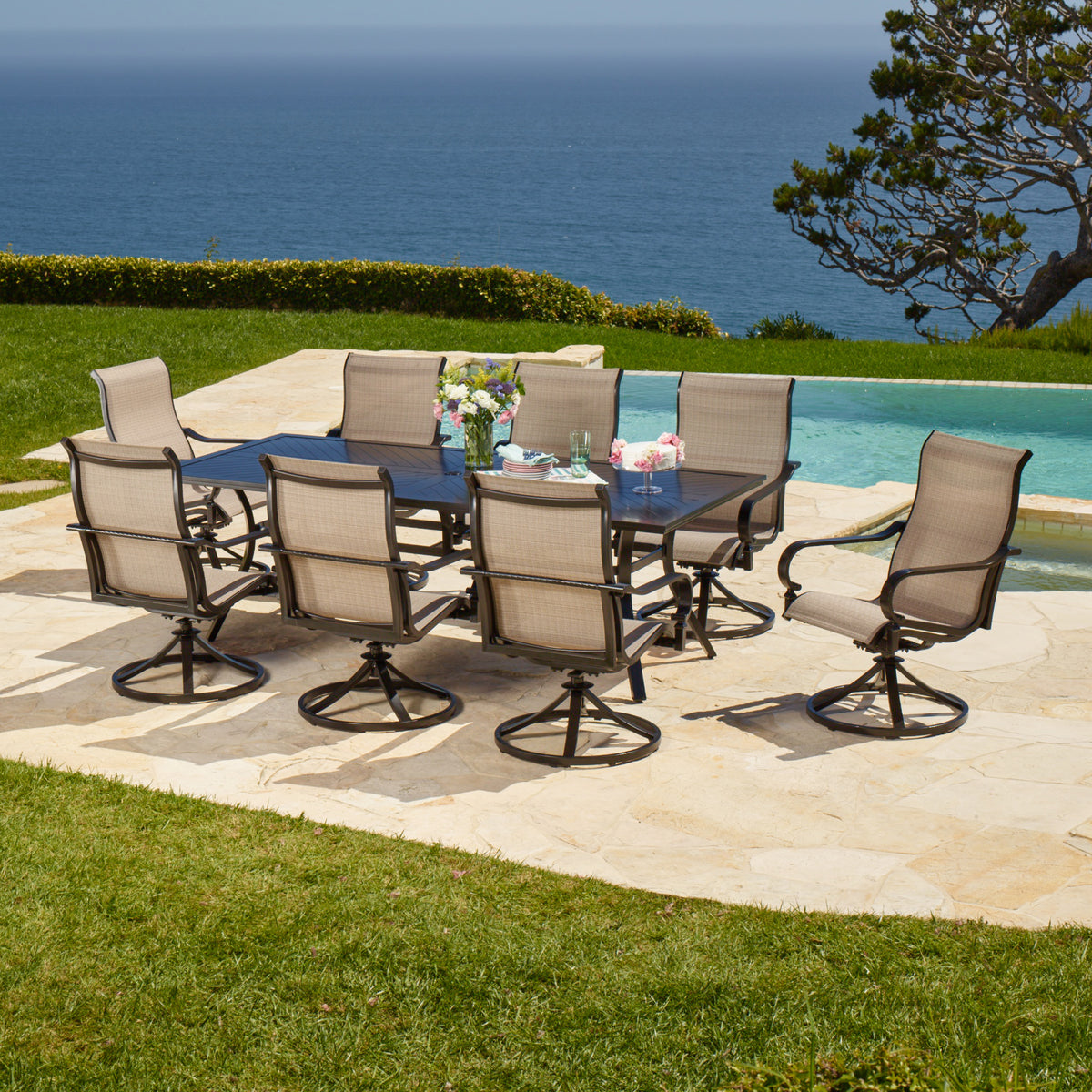 9 piece tdc sling patio set with umbrella Whitehall 9-Piece Sling Dining Set